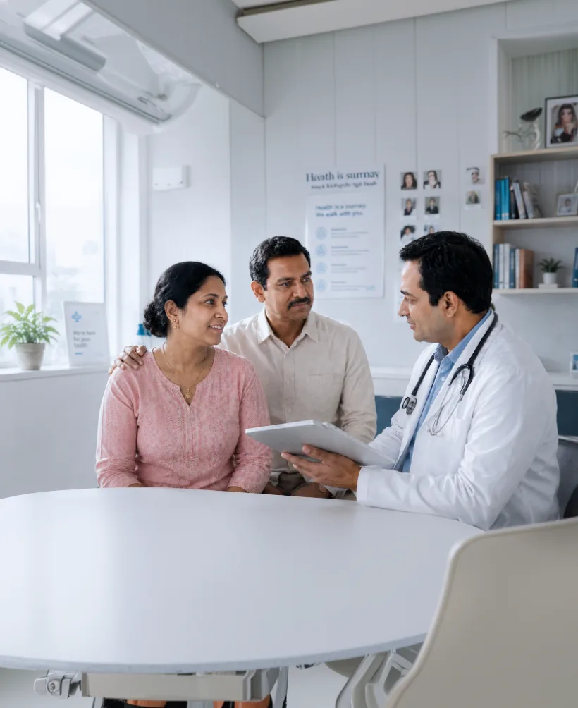 A doctor talking with two patients