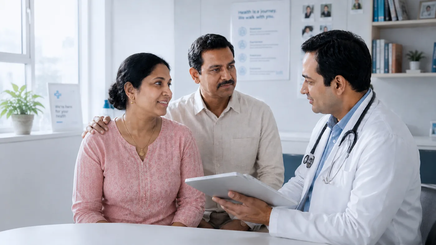 A doctor talking with two patients