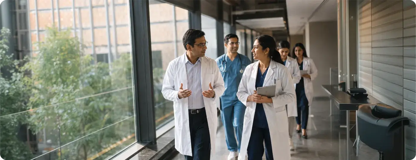Clinicians walking through a hospital corridor