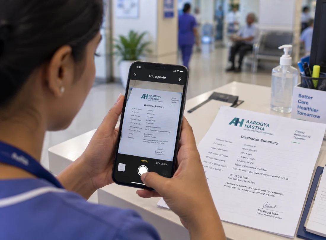 Staff capturing a patient's next step on a document upload screen